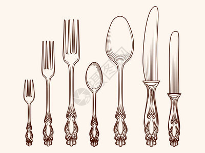 传统厨房餐具物品草图手画的餐具草图矢量图片