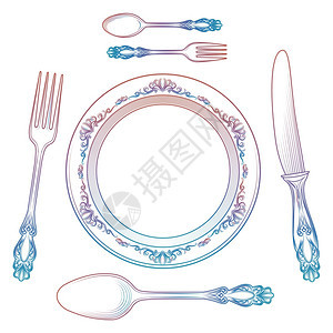 白色上孤立的多彩餐具收藏多彩餐具收藏矢量插图白色上孤立的板块勺叉和刀图片