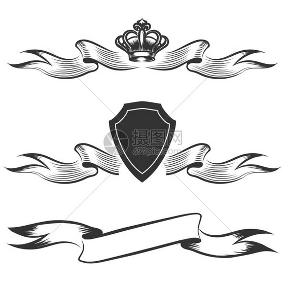 吊带王冠和盾旗设置手画横幅带皇冠和盾的吊与白色背景隔离矢量插图图片