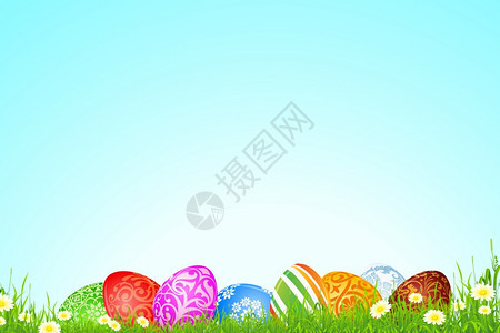 复活节假日背景带花草和鸡蛋的复活节背景图片