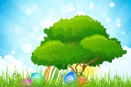 复活节假日背景复活节花草鸡蛋和树的复活节背景图片