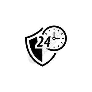 保护24小时图标平面设计有盾牌和时钟的安全概念孤立说明应用符号或UI元素图片
