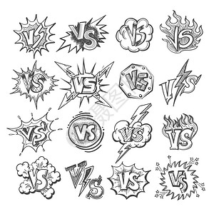 Versussketsh标签在白色背景上被孤立DoodlePop艺术和对抗决概念的字母图片