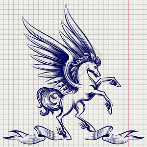 Pegasus的圆珠笔草图草图Pagasus的圆珠笔草图记本页上有翅膀和丝带矢量插图图片