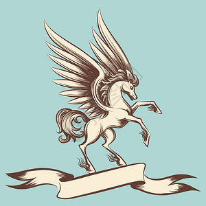 带翅膀和丝的VintagePegasus手画有翅膀和丝带的老式Pegasus图片