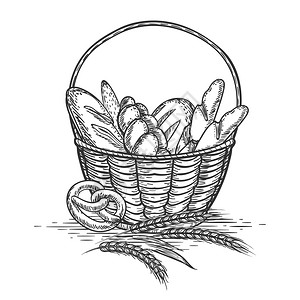 小麦面包篮子白底孤立的小麦面包篮子矢量插图图片