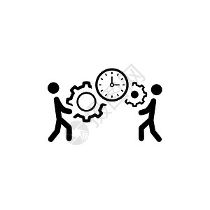 金融APP引导页项目管理图标平面设计业务概念带Gears和Clock的两个人单独说明App符号或UI元素背景