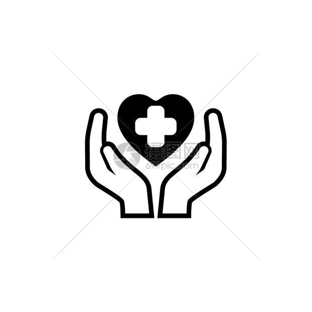 医疗中心图标平面设计孤立说明两只手握着心脏上面有图片