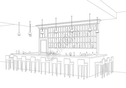 酒吧内线餐厅用酒吧桌凳子和装有酒精的架子对室内进行矢量透视图片