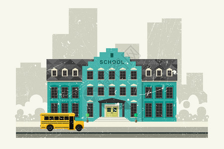 学校建筑和黄色公交板块图示图片