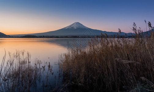 清晨富士山与宁静的湖图片