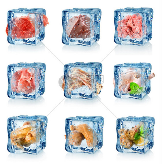 白色背景隔离的一组冷冻肉类图片
