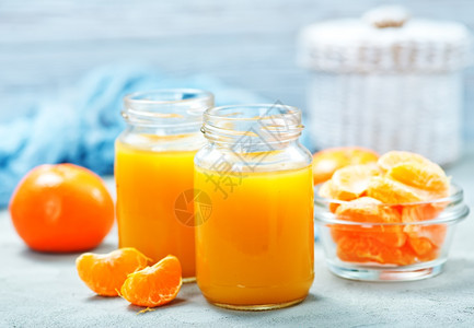 在玻璃库和桌上的橘子汁背景图片