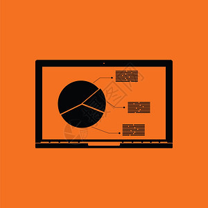 带有分析图标的笔记本电脑橙色背景和黑矢量插图图片