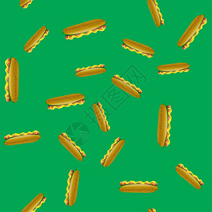 新鲜的热狗无缝模式绿色背景的新鲜热狗无缝模式与Bun和Griilled香肠的快餐图片