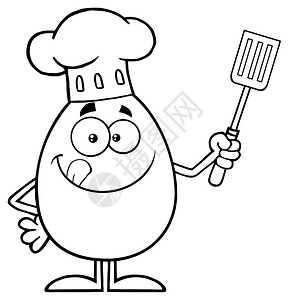 斯帕纳赫黑白大厨egg卡通mascot字符舔嘴唇并持有斯帕图拉插画