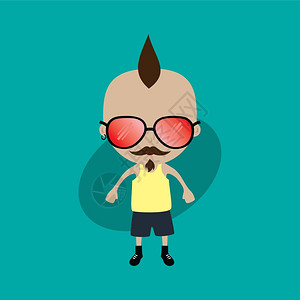 彩色莫西干头戴墨镜山羊胡小男孩卡通矢量插图背景图片