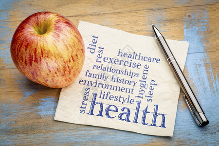 健康概念促成因素膳食生活方式保健家庭史环境运动压力关系睡眠休息卫生的字云带苹果餐巾纸上文字图片