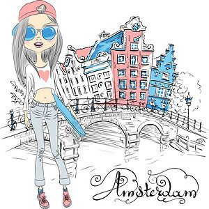 在阿姆斯特丹的矢量美丽时装女郎在荷兰的阿姆斯特丹街与荷兰传统住房的桥附近有滑板的时装女游客图片