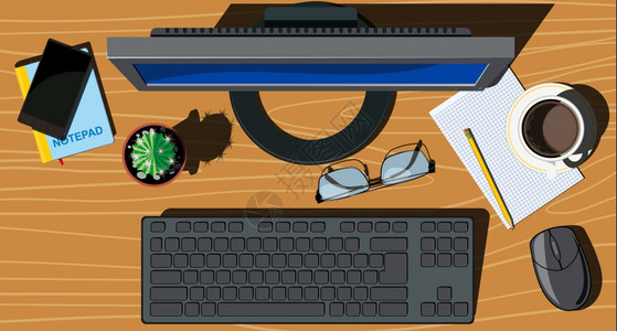 键盘桌面从上到下的办公室视图中雇员工作场所每个细节在单独的一层上并与其影子分组插画