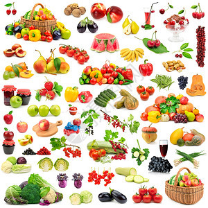 大量水果和蔬菜收集健康孤立于白色背景图片