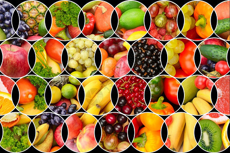 新鲜水果和蔬菜的拼凑有用产品的背景图片