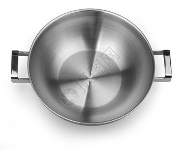 在白色背景上隔离的钢煎锅顶视图带有剪切路径图片