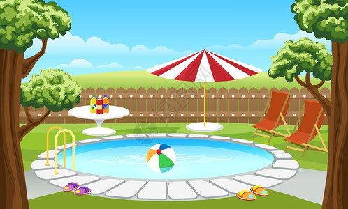 带栅栏和遮阳伞的后院泳池矢量插画图片