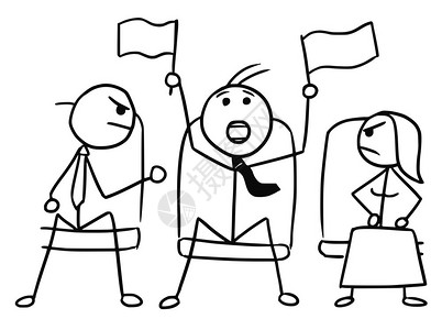 卢斯电影院或的卡通矢量达鲁德卢拉克曼手持旗帜挥舞和两名愤怒的观众