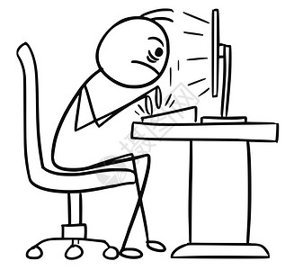 电脑前面的卡通矢量涂鸦棍手坐在电脑前面键盘上快速和积极地写作插画