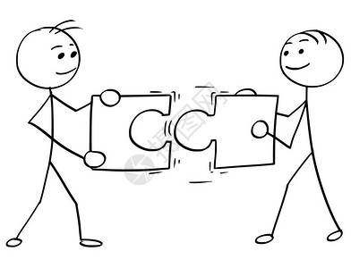 矢量棍手画两个微笑的男人每拿着一个大拼图试把它们连接在一起插画