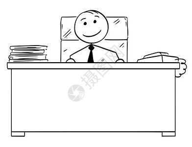 斯普斯克卡通矢量棒棍手画快乐的老板在办公桌后微笑插画