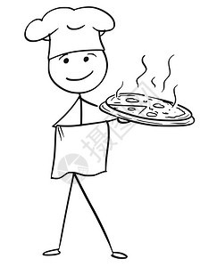 卡通矢量棍手画男厨师的顶着餐盘和披萨的厨师帽图片