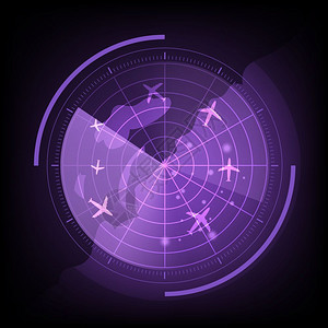 带飞机和库存矢量的紫色雷达屏幕图片