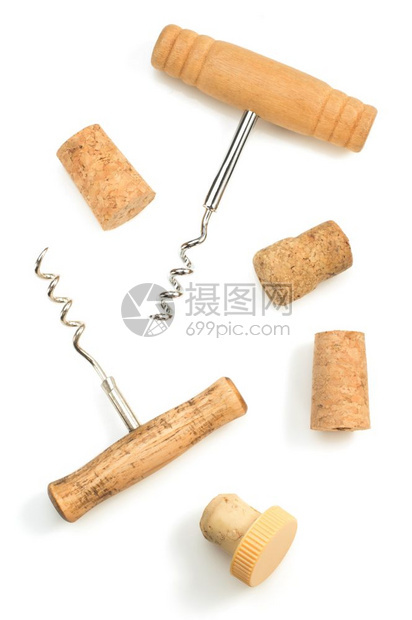 在白色背景上隔离的colscrescrew和winecork与白色背景隔离的cork图片