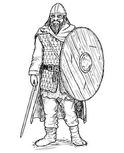 手画笔和墨水展示古代维京勇士的规模邮件盔甲戴头和盾牌图片