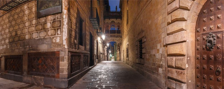 巴塞罗那Gothic区GathicCarrerdelBisbe巴塞罗那加泰尼亚西班牙BarriGothic区夜晚与有叹息桥的中世图片