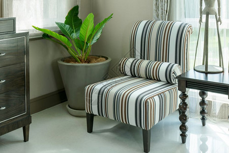 优雅的室内客厅手椅上有条纹式枕头图片