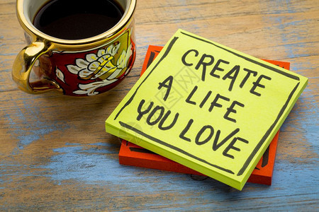 创造你喜欢的忠告或提醒生活用黑墨纸笔印在粘贴的条上加一杯咖啡图片