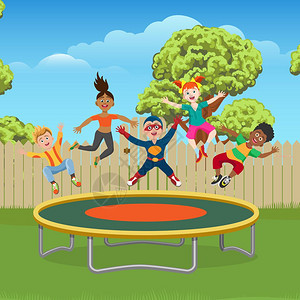 孩子们在花园里跳蹦床上精力充沛和快乐的孩子在花园里跳蹦床上矢量增压图片