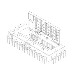 酒吧餐厅内侧的几条线用酒吧桌凳子和货架绘制内侧的画并配有酒精图片