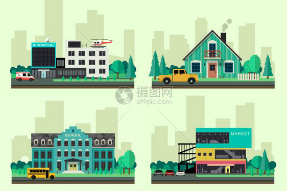 公寓楼房屋医院市场和学校的简单插图图片