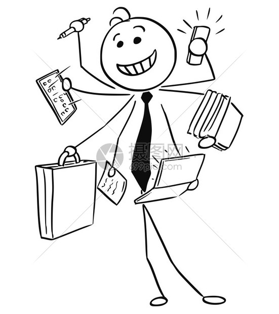 卡通矢量棒人展示了快乐笑的商人或卖家成功同时从事许多工作即用七臂人的概念图片
