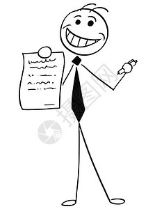 卡通矢量说明微笑的棍棒手商人或销售提供合同或协议文件供签署图片