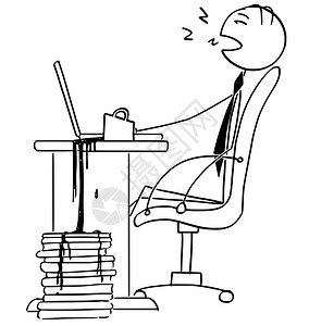 卡通矢量说明疲劳的棍棒男商人办公室工经理睡在电脑前的办公室椅子上在文件放了一杯咖啡图片