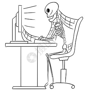 卡通矢量说明被遗忘的人类骨骼商人或办事员坐在电脑前办公室蜘蛛网周围背景图片