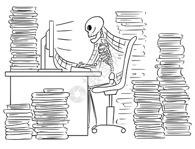 卡通矢量说明被遗忘的人类骨骼死者是商人或办事员坐在电脑前办公室里有档案和蜘蛛网图片