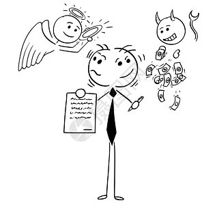 卡通插画表明棍棒人商或销售提供合同或协议并在天使和魔鬼之间决定将天使和魔鬼视为是好人或坏的概念图片