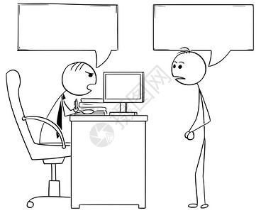 卡通插图棍棒男经理老板坐在办公室里与男员工交谈两个空的语音泡或上面的气球图片