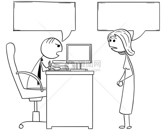 卡通插图棍棒男经理老板坐在办公室里与女雇员交谈两个空的语音泡或上面的气球图片